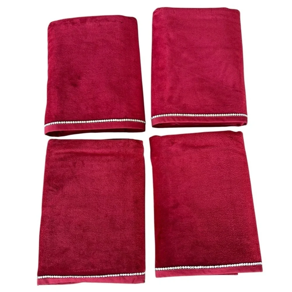 VTG Ruby Red Rhinestone 4-Piece Bath Towel Set 100% Turkish Cotton Fancy NWOT